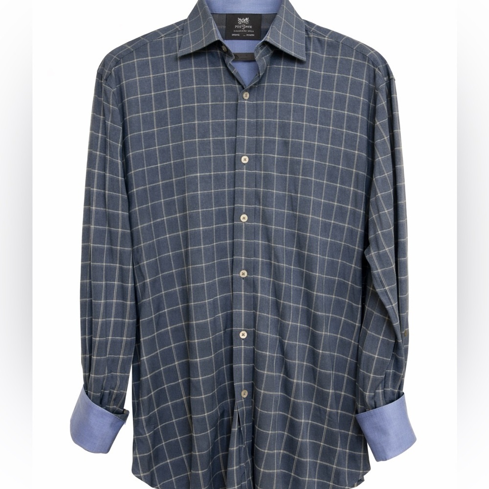 Hickey Freeman Blue Windowpane Shirt Made In Italy Mens M Cotton